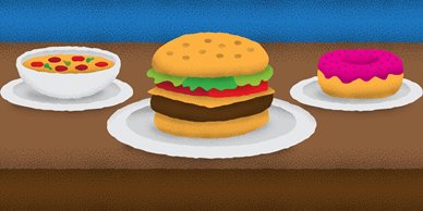 illustrated soup, hamburger and doughnut