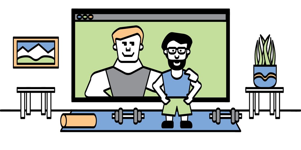 illustration of online trainer on screen and trainee at home