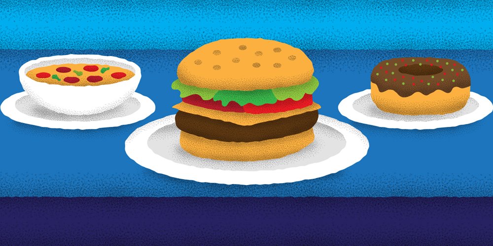 illustration of a bowl of soup, hamburger and doughnut
