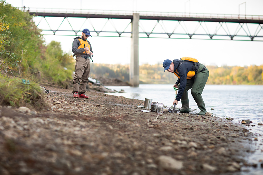 Researchers collect sediment samples from the North Saskatchewan River