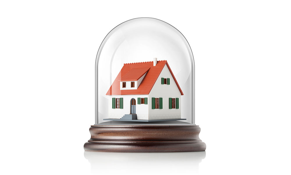 model of a house under glass dome