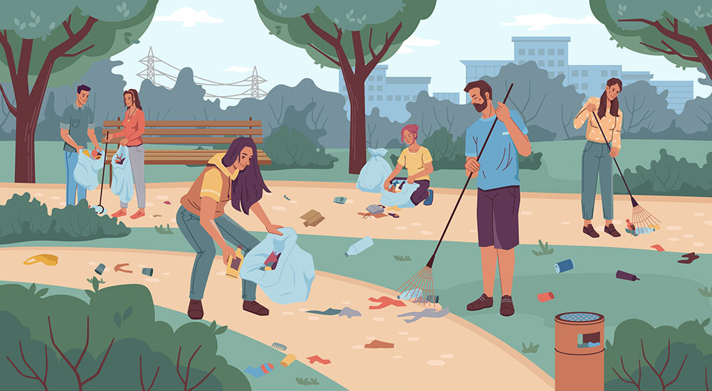 illustration of people picking up litter in a park