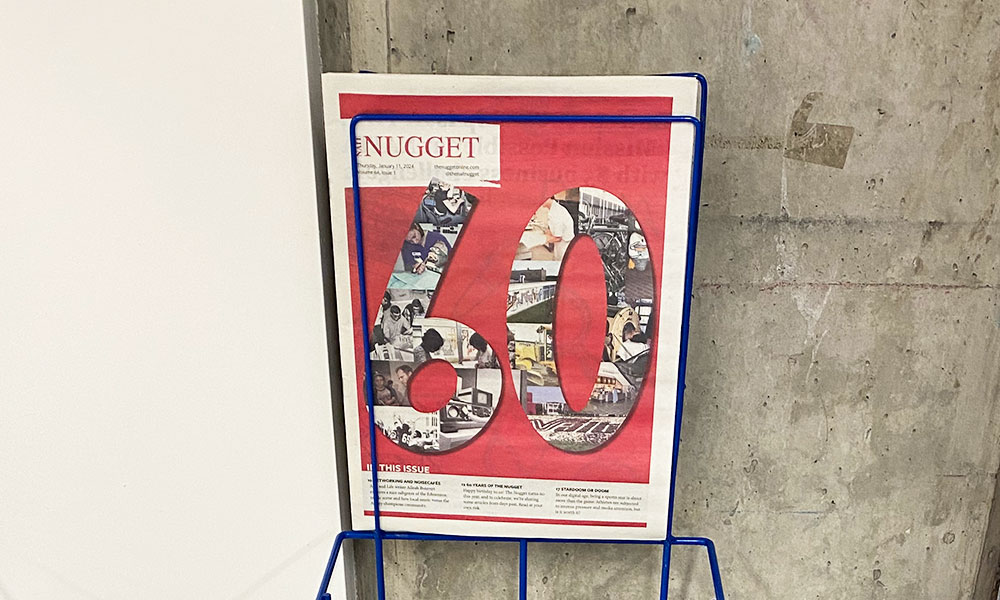 copy of nait nugget 60th anniversary issue in a newsstand at NAIT Main Campus