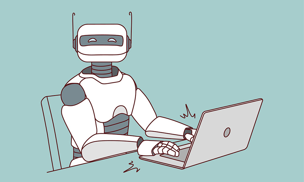 black and white illustration of a robot using a laptop